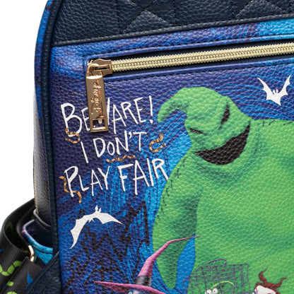 Blue bag with green creature design and text 'Be Care! I Don't Play Fair' on a blue background