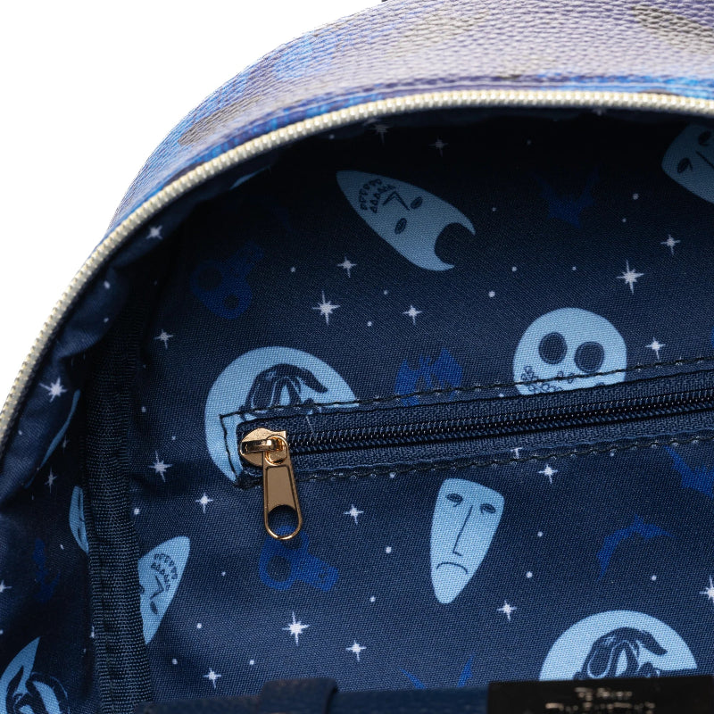 Close-up of a blue backpack with space-themed design and gold zipper.