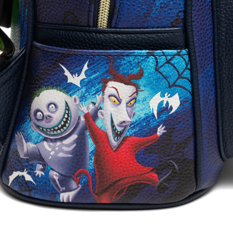 Backpack with animated character design on a blue background