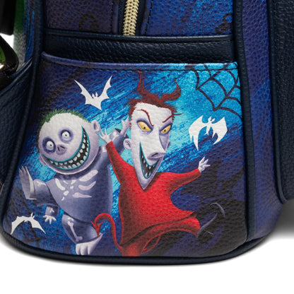 Backpack with animated character design on a blue background