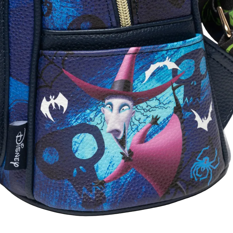 Backpack with witch design and Disney label on a blue background