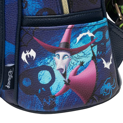 Backpack with witch design and Disney label on a blue background