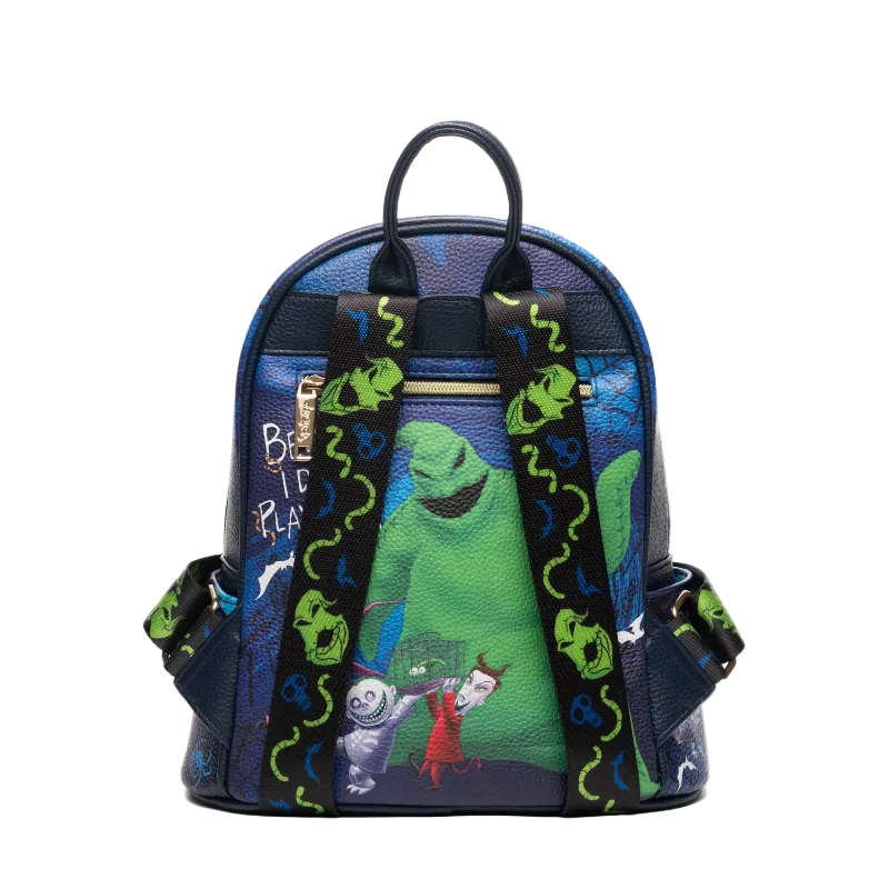 Backpack with animated character design on a white background