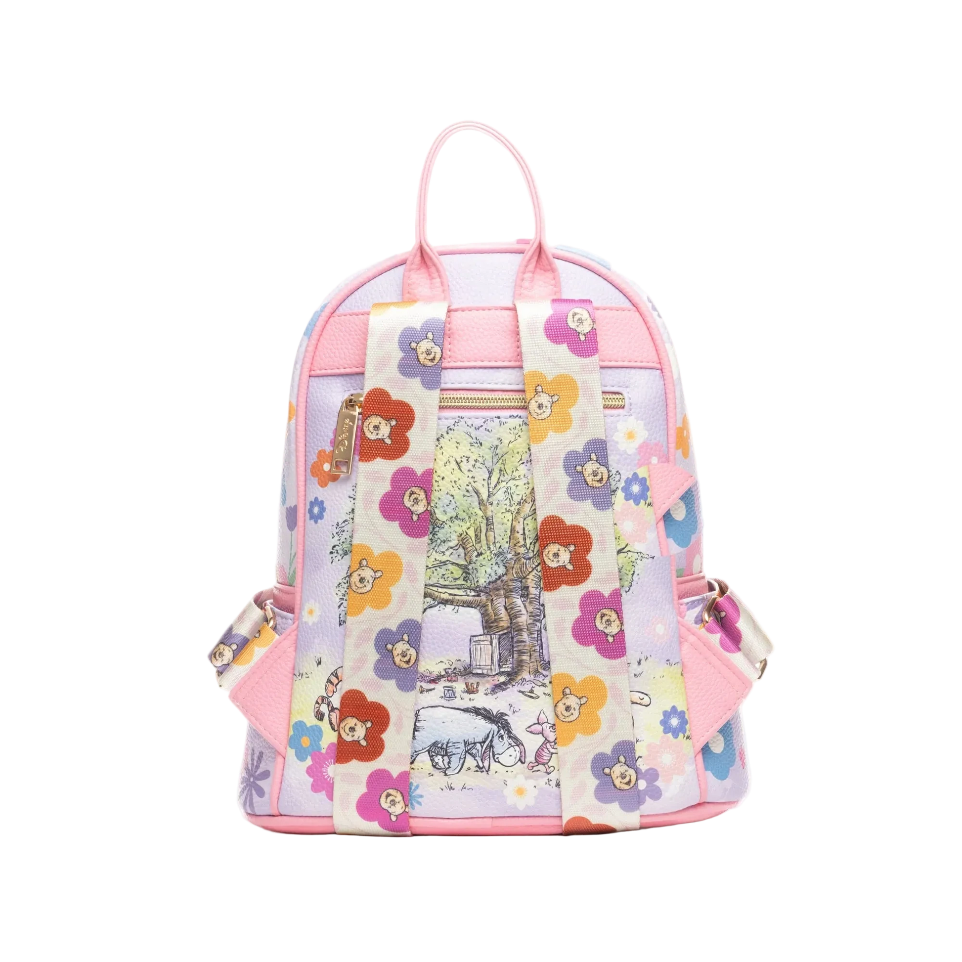 Backpack with floral design and animal illustrations on a white background
