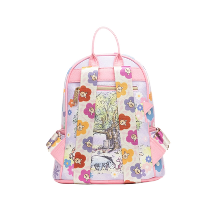 Backpack with floral design and animal illustrations on a white background