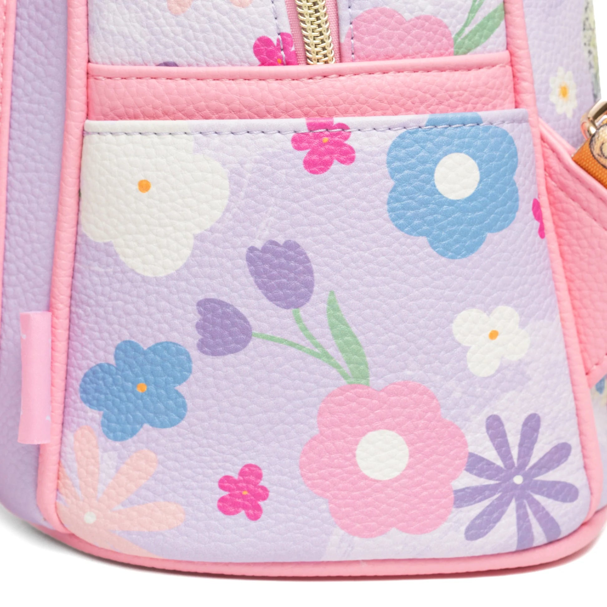 Floral-patterned pouch with pink border on a white background