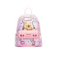 Lilac WondaPop mini backpack with Winnie the Pooh on the front panel and Piglet on the front pocket