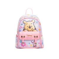Lilac WondaPop mini backpack with Winnie the Pooh on the front panel and Piglet on the front pocket