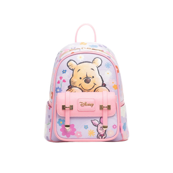 Lilac WondaPop mini backpack with Winnie the Pooh on the front panel and Piglet on the front pocket