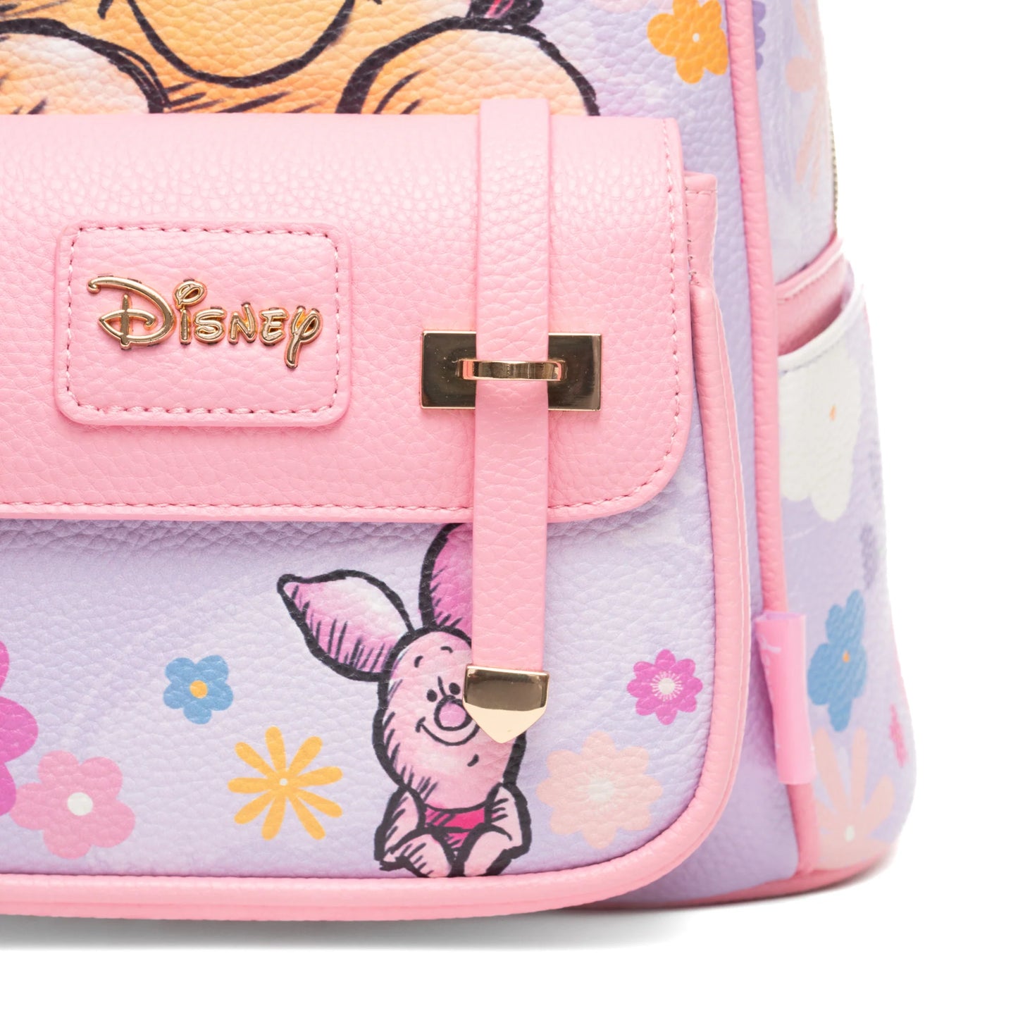 Pink backpack with Disney logo and cartoon character on a white background