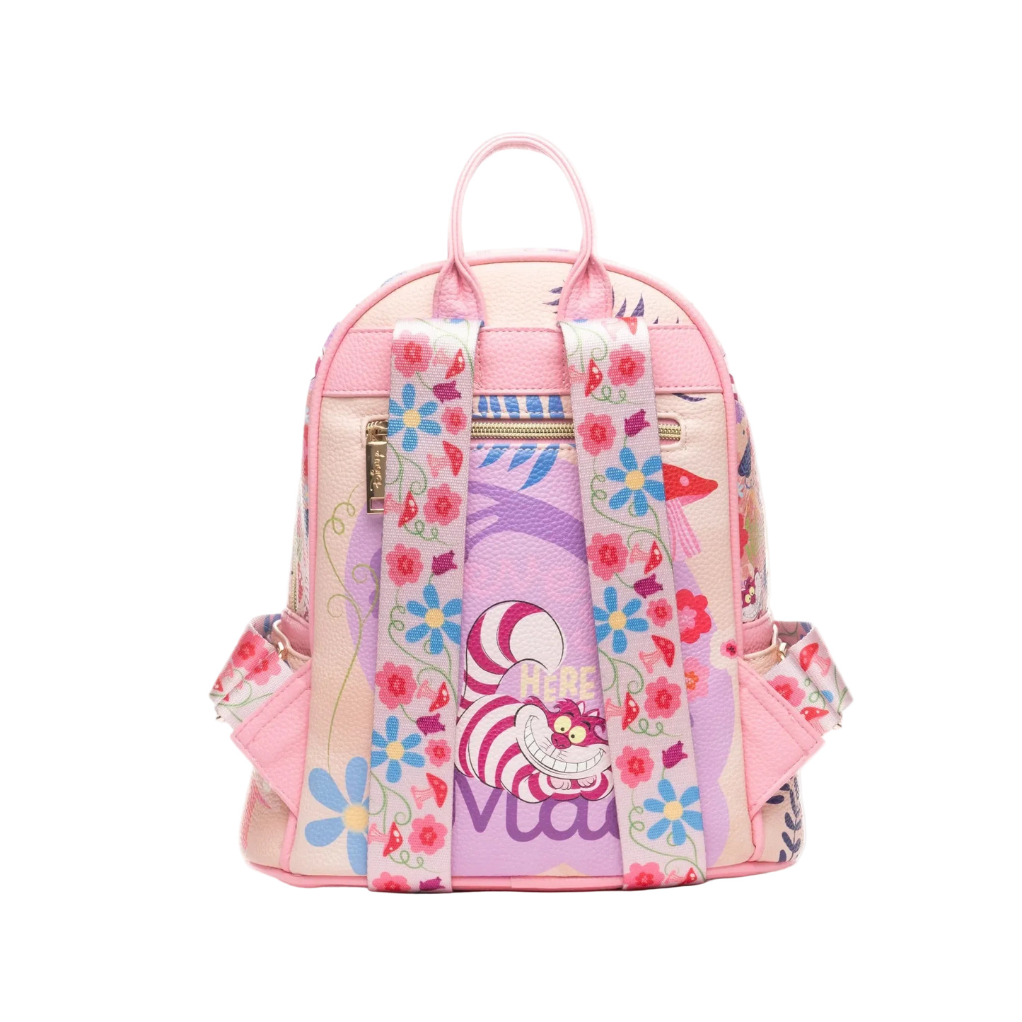 Pink backpack with floral and cartoon character design on a white background
