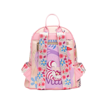 Pink backpack with floral and cartoon character design on a white background