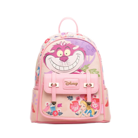 Pink backpack with cartoon character design on a white background