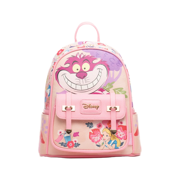 Pink backpack with cartoon character design on a white background