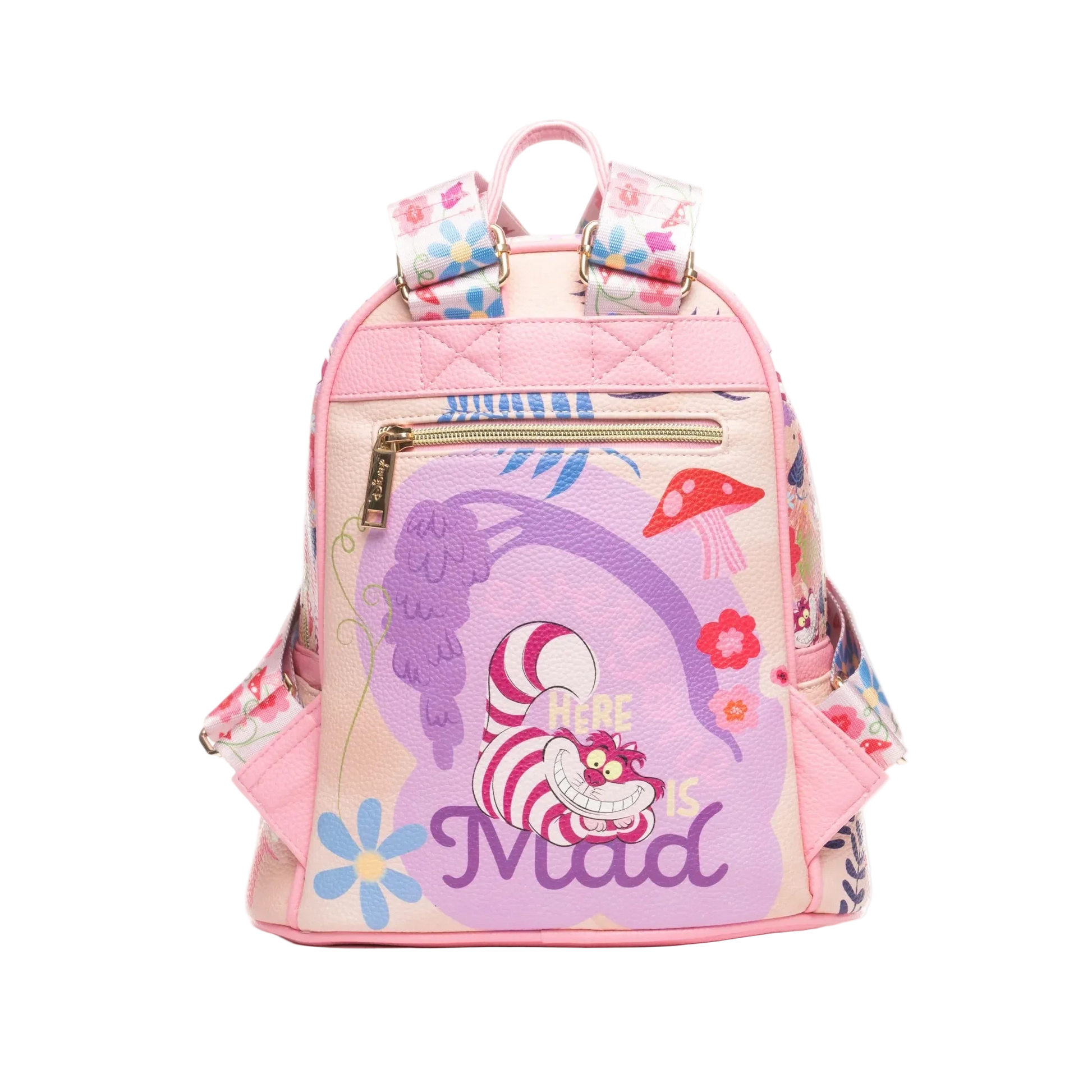 Pink backpack with cartoon design and text on a white background