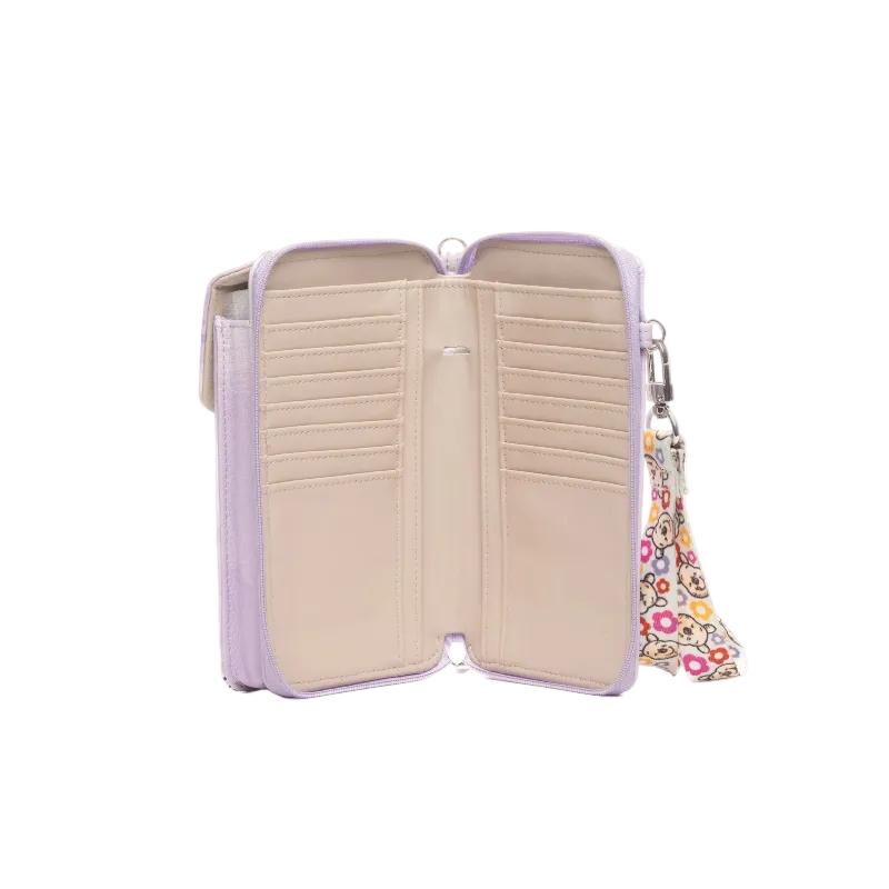 An open lavender wallet with a beige interior, multiple card slots, and a colorful floral wristlet strap attached on the right side, shown against a plain white background.