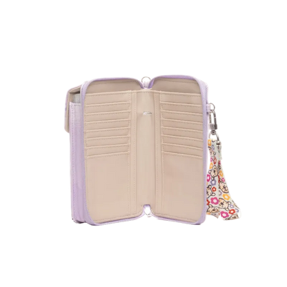 An open lavender wallet with a beige interior, multiple card slots, and a colorful floral wristlet strap attached on the right side, shown against a plain white background.