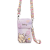 A Disney crossbody phone pouch in light purple, featuring Winnie the Pooh and Piglet illustrations, with a floral patterned strap and silver-tone hardware.