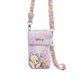 A Disney crossbody phone pouch in light purple, featuring Winnie the Pooh and Piglet illustrations, with a floral patterned strap and silver-tone hardware.