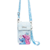 Disney crossbody phone bag featuring Stitch and Angel on a light blue background with a matching blue patterned strap, shown on a white background.