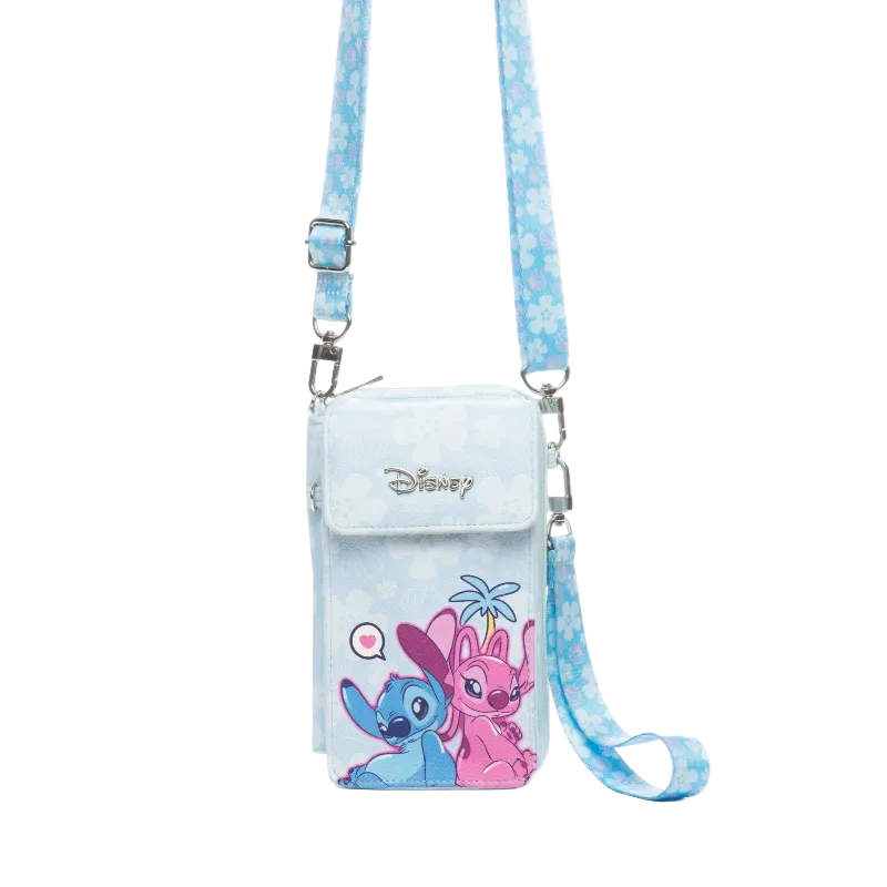 Disney crossbody phone bag featuring Stitch and Angel on a light blue background with a matching blue patterned strap, shown on a white background.