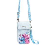 Disney crossbody phone bag featuring Stitch and Angel on a light blue background with a matching blue patterned strap, shown on a white background.