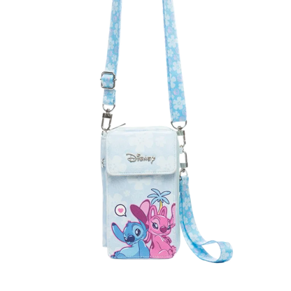 Disney crossbody phone bag featuring Stitch and Angel on a light blue background with a matching blue patterned strap, shown on a white background.