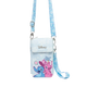 Disney crossbody phone bag featuring Stitch and Angel on a light blue background with a matching blue patterned strap, shown on a white background.