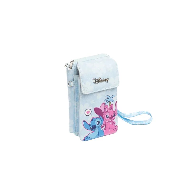 A light blue Disney wallet featuring Stitch and Angel character graphics on the front, with a matching wrist strap and silver-tone metal hardware, shown against a plain white background.
