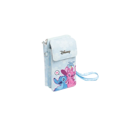 A light blue Disney wallet featuring Stitch and Angel character graphics on the front, with a matching wrist strap and silver-tone metal hardware, shown against a plain white background.