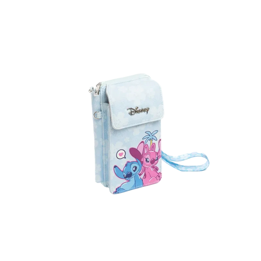 A light blue Disney wallet featuring Stitch and Angel character graphics on the front, with a matching wrist strap and silver-tone metal hardware, shown against a plain white background.