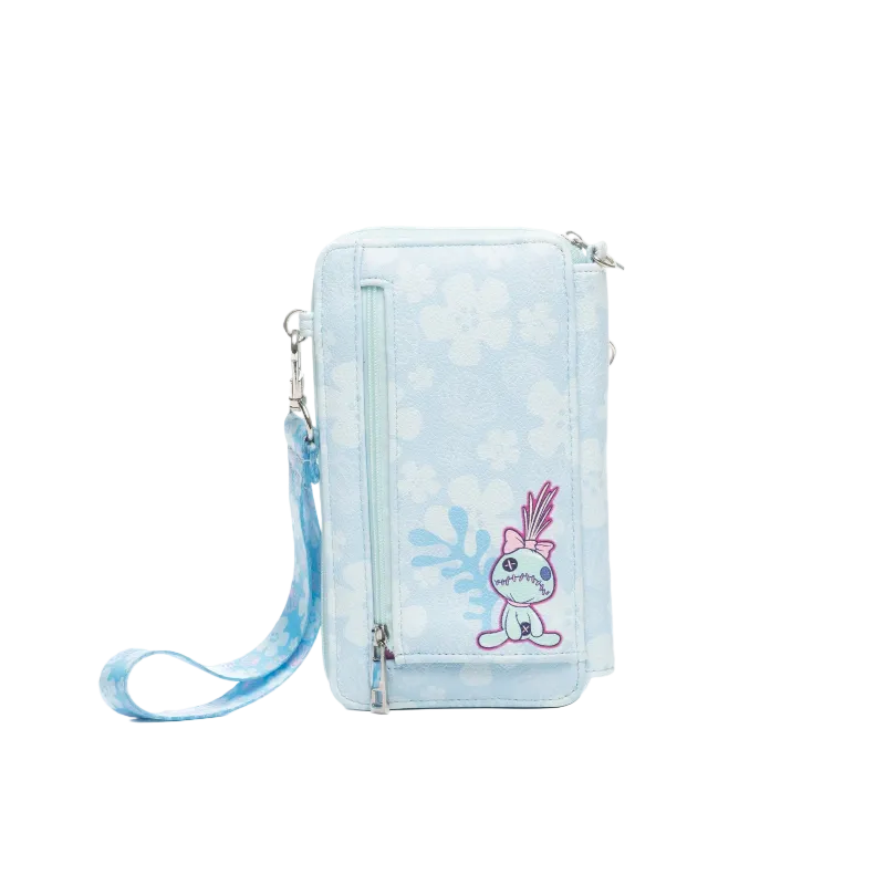 A light blue floral-patterned crossbody phone pouch with a wrist strap, featuring a cartoon bunny character on the front pocket.