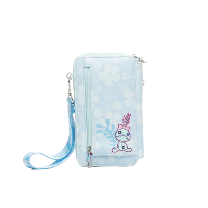 A light blue floral-patterned crossbody phone pouch with a wrist strap, featuring a cartoon bunny character on the front pocket.
