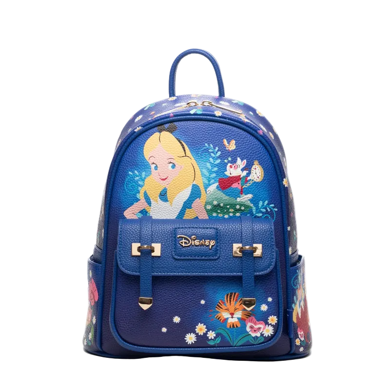 Blue backpack with Disney character design on a white background