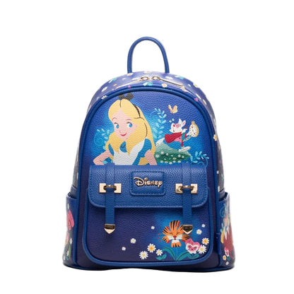 Blue backpack with Disney character design on a white background