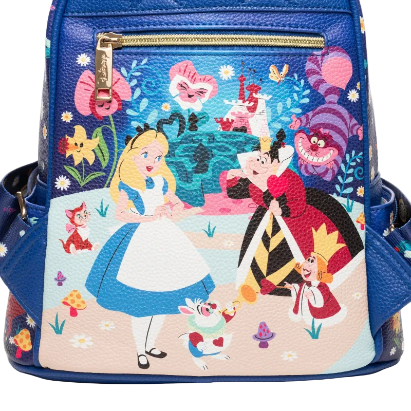 Backpack with Alice in Wonderland design featuring characters and scenes.