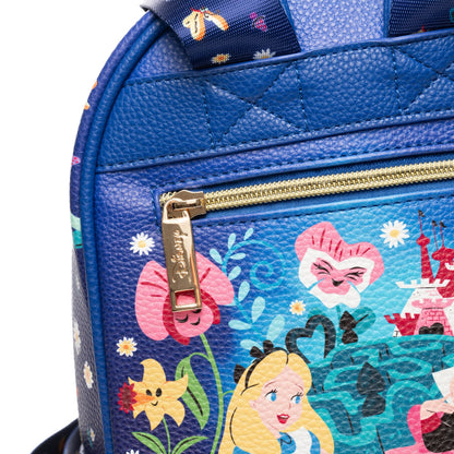 Blue backpack with Alice in Wonderland design featuring characters and flowers.