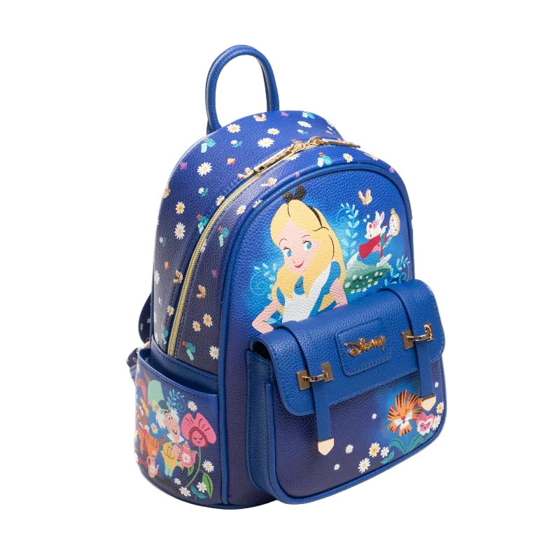 Blue backpack with Disney character design on a white background