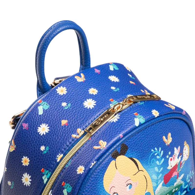 Blue backpack with cartoon character and floral patterns on a white background