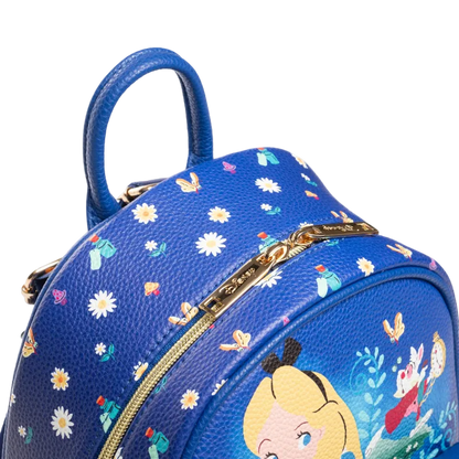 Blue backpack with cartoon character and floral patterns on a white background