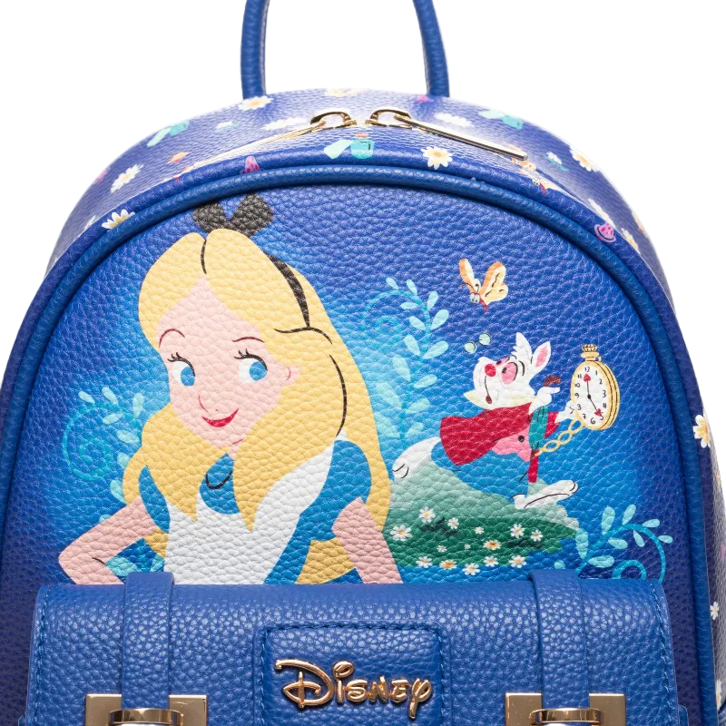 Blue backpack with Alice in Wonderland design featuring Alice and the White Rabbit.