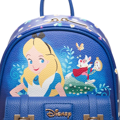 Blue backpack with Alice in Wonderland design featuring Alice and the White Rabbit.