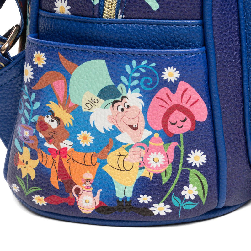 Blue backpack with animated character design featuring flowers and a teapot.