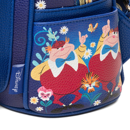 Blue bag with cartoon characters and floral designs, featuring a Disney logo.