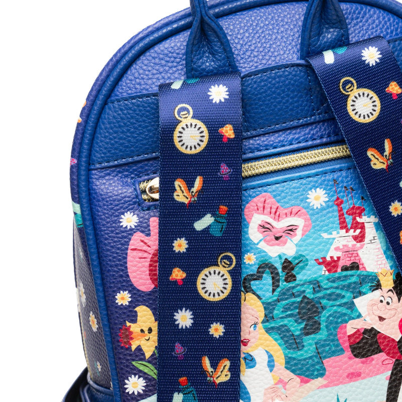 Blue backpack with colorful character design on a strap and back