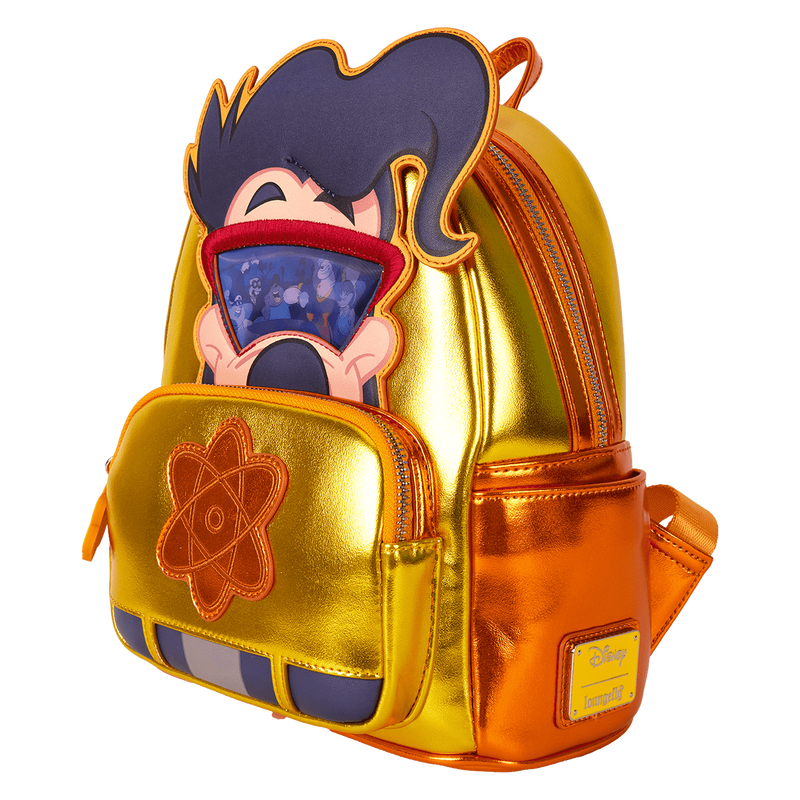 Gold backpack with cartoon character design on a white background