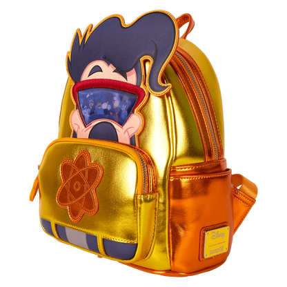 Gold backpack with cartoon character design on a white background