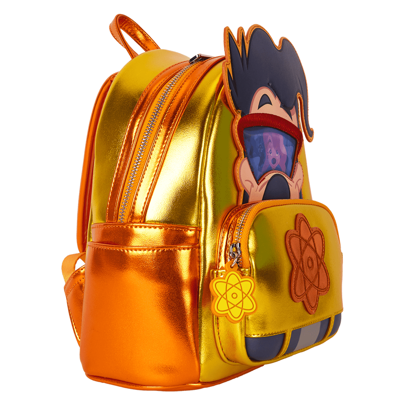 Metallic gold and orange backpack with cartoon character design on a white background