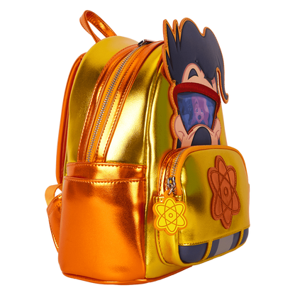 Metallic gold and orange backpack with cartoon character design on a white background