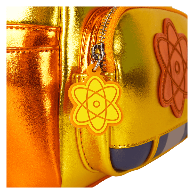 Metallic gold bag with a yellow atom symbol charm on a white background